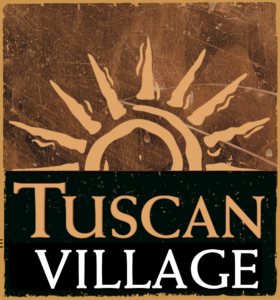 Logo of Tuscan Village Salem NH on a rustic dark background with a drawn sun