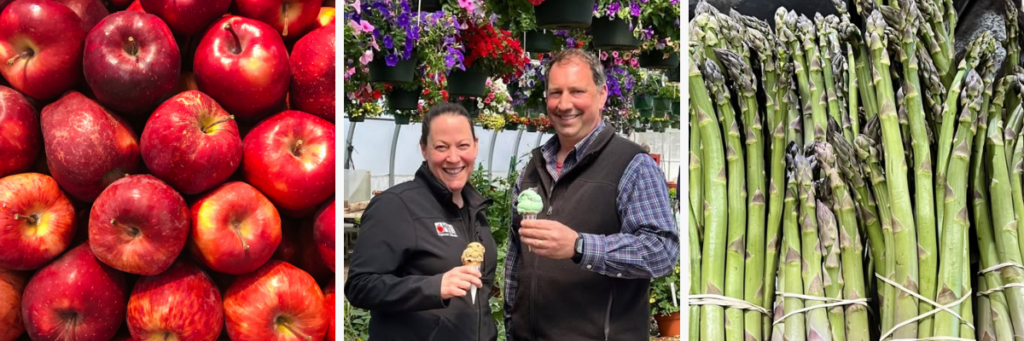 images of apples, two people eating ice cream and asparagus